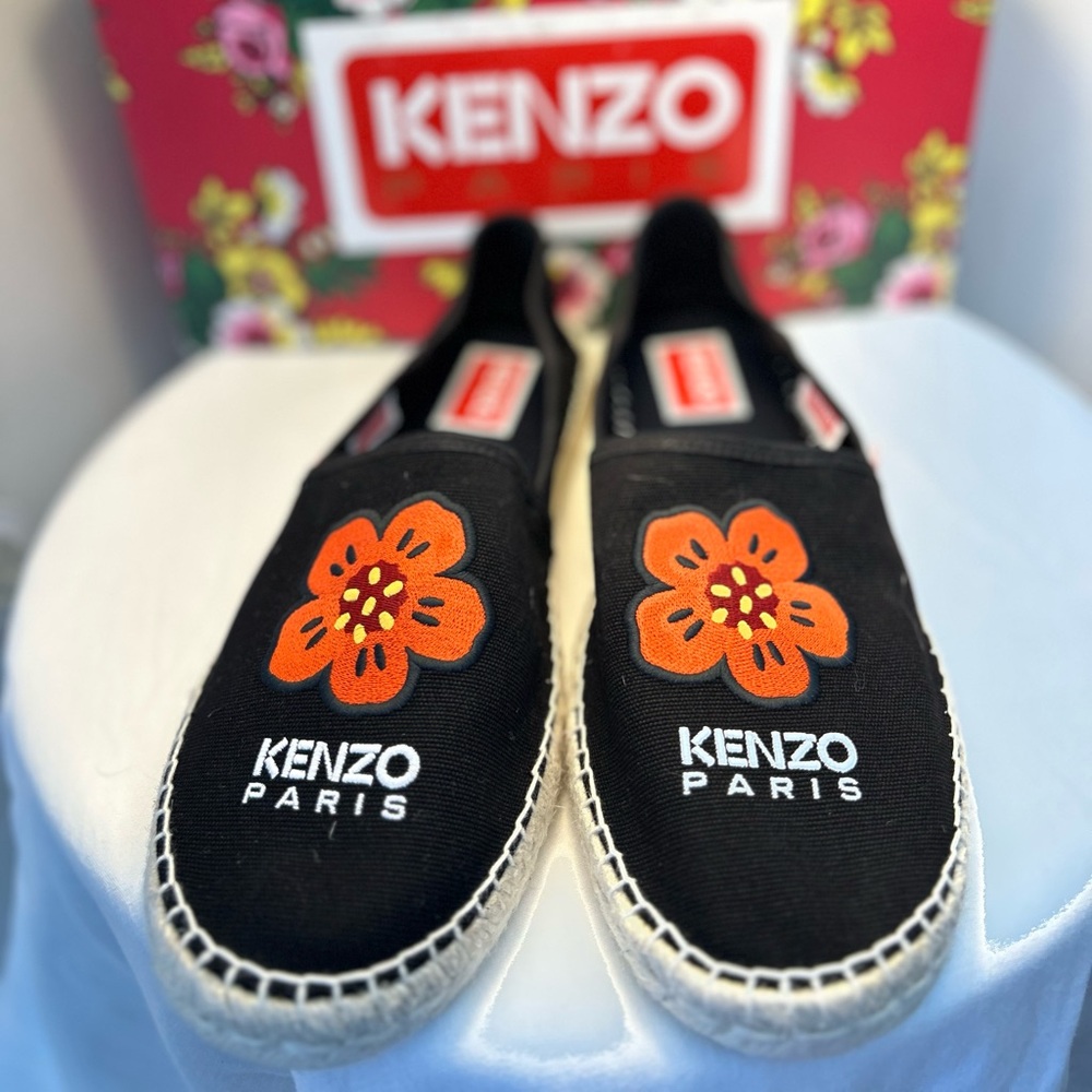 Kenzo Black Espadrilles with Orange Floral Design